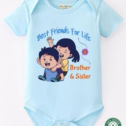 BLUSHES 100% Cotton Knit Raksha Bandhan Theme Half Sleeves Best Friends For Life Brother & Sister Text Printed Onesie - Aqua Blue-image-8