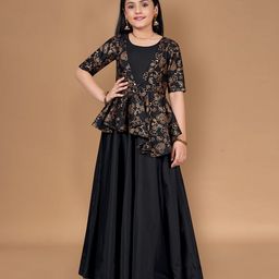 Fashion Dream Cotton Blend Woven Half Sleeves Floral Foil Printed With Attached Shrug Dress - Black-picture-3