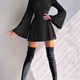 HERE&NOW Solid Round Neck Bell Sleeves  A-Line Mini Dress-image-42