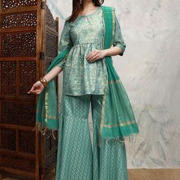 Vishudh Floral Printed Keyhole Neck Anarkali Kurta with Sharara & Dupatta-18