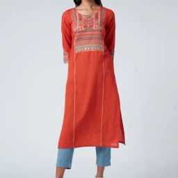 Okhai Rabari Orange Pure Cotton Hand Embroidered Straight Kurta-image-47