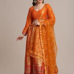 Atsevam Orange Woven Pattern Semi-Stitched Lehenga Choli Set With Dupatta-picture-7