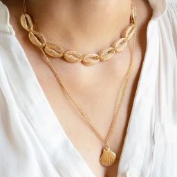 OOMPH Gold Tone Link Chain Sea Shells Multi Layer Necklace for Women-20
