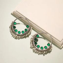 Priyaasi Silver-Plated Adorned with Pearls and Green Stones Hoop Earrings-14