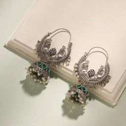 Priyaasi Silver-Plated Peacock Design Bhutta with Enchanting Green Stones Jhumki Earrings-image-16