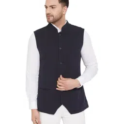 Hypernation Navy Sleeveless Mandarin Collar Waistcoat-image-41