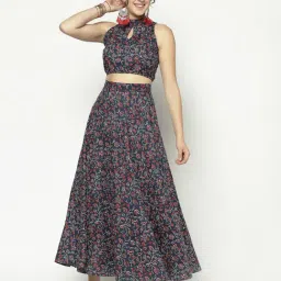Sera Navy Printed Crop Top With Skirt-picture-18