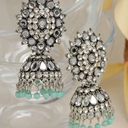 Moedbuille Mirror & Crystal Studded Tassel Floral Design Silver-Plated Antique Jhumki Earrings-image-12