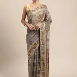 Blissta Grey Woven Kanjeevaram Saree With Unstitched Blouse-image-16
