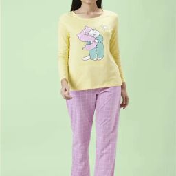 Dreamz by Pantaloons Yellow & Purple Cotton Printed T-Shirt & Pyjama Set-image-88