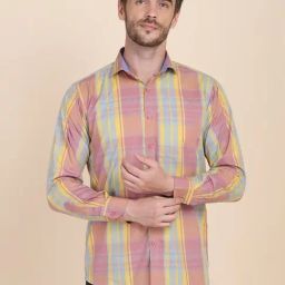 TAHVO Pink & Yellow Cotton Slim Fit Checks Shirt-image-0