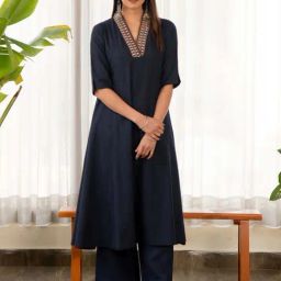 Ekohum Blue Dobby A-Line Kurta-picture-28