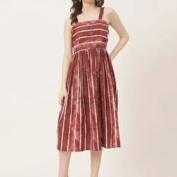 Moomaya Brown Cotton Striped Midi Dress-image-46