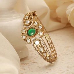 Saraf Rs Jewellery Gold Polish Green Emerald Kundan Mossanaite Floral Openable Kada Bracelet-image-1