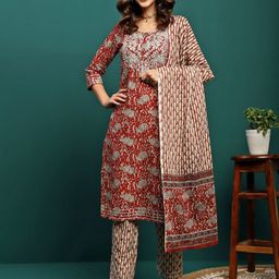 BANDIA Women Floral Printed Regular Pure Cotton Kurta with Trousers & With Dupatta-image-12