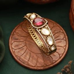 Saraf Rs Jewellery Gold Polish Ruby Red Kundan Mossanaite Tilak Shaped Openable Kada Bracelet image 2