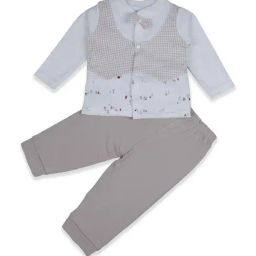 Baby Moo Kids Beige & White Cotton Printed Full Sleeves Shirt Set-69