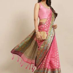 Silk Land Kanjivaram Silk Pink Woven Saree With Unstitched Blouse-image-2