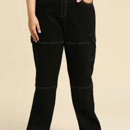 High Star Black Relaxed Fit High Rise Cargo Jeans-image-88