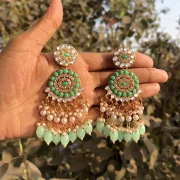 Anouk Gold-Plated Artificial Stones Studded & Beaded Circular Shaped Drop Earrings image 3