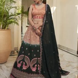 SHUBHKALA Peach & Green Silk Embroidered Lehenga and Choli Set With Dupatta-picture-10