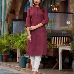 Juniper Maroon Cotton Striped Straight Kurta-image-11