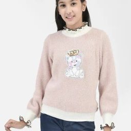 Crimsoune Club Kids Dusty Pink Embellished Full Sleeves Sweater-image-3