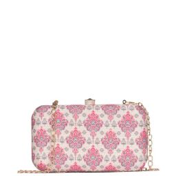 Zouk Kashmiri Tulip White & Pink Printed Minaudiere Clutch-21