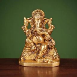Ekaa Handicrafts Gold Lord Ganesha Statue Sitting Murti Temple Pooja Ganesha Idol Brass-image-63