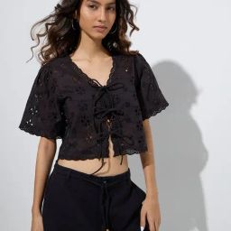 Bombay Paisley by Westside Black Schiffli-Detailed Cotton Top-image-82
