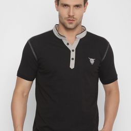YAK YAK Men Black Solid Mandarin Collar Slim Fit T-shirt-image-65