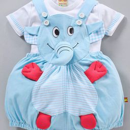 Wow Clothes Dungaree With Half Sleeves T-Shirt Elephant Design- Blue-image-71