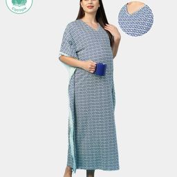 ECOMAMA Half Sleeves Organic Cotton & Bamboo Antimicrobial Kaftan Style Lace Maternity Nighty Printed - Blue-image-10