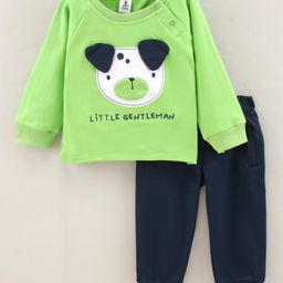 Little Folks Knitted Full Sleeves Tee & Pants Set with Puppy Applique - Green Navy-image-15