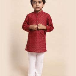Superminis Full Sleeves Seamless Abstract Chikankari Embroidered Kurta With Pyjama - Maroon-image-5