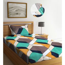 Arrabi Multi Geometric TC Cotton Blend Single Size Fitted Bedsheet with 1 Pillow Cover-image-89