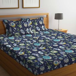 Arrabi Grey Floral TC Cotton Blend Super King Size Bedsheet with 2 Pillow Covers -Grey-picture-13