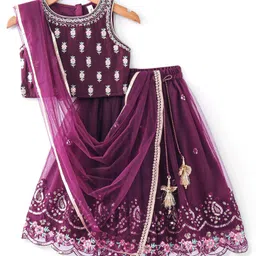Babyhug Sleeveless Sequined Floral Embroidered Choli Lehenga and Dupatta Set - Wine-picture-1