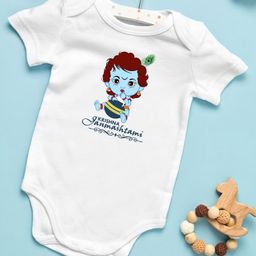 BLUSHES Janmashtmi Theme 100% Cotton Half Sleeves Baby Krishna Printed    Onesie - White-image-45
