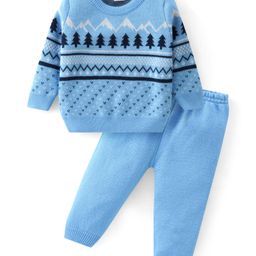 Babyhug Knitted Full Sleeves Scenery Design Sweater Set - Blue-image-54