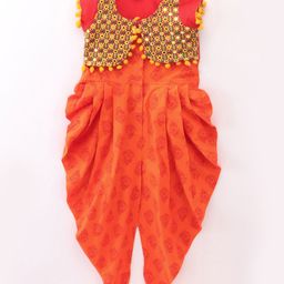 Twisha Short Sleeves Mirror Work Detailed Embellished & Embroidered Jacket With Seamless Butta Motif Printed Dhoti Style Jumpsuit - Orange & Red-picture-14