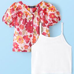 Pine Kids Half Sleeves Top with Inner Slip Floral Print - Red-image-3