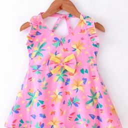 Dew Drops Cotton Knit Sleeveless Frock With Bow Applique & Floral Print - Pink-image-19