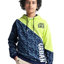 Pine Kids Cotton Knit Full Sleeves Hooded Sweatshirt With Abstract & Text Print- Blue & Neon Green-picture-26