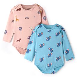 Bonfino 100% CottonKnit Full Sleeves Onesies with Animal Print Pack of 2 - Blue & Peach-image-18