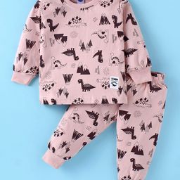Teddy Sinker Knit Full Sleeves Night Suit With Dino Print - Light Red-7