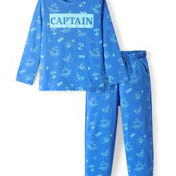 Honeyhap Premium 100% Cotton Knit Full Sleeves Bio Finish Night Suit with Nautical Theme Print - French Blue-image-95