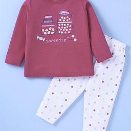 Zero Sinker Knit Full Sleeves T-Shirt & Lounge Pant Set With Text & Polka Dot Print - Purple-image-67