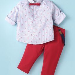 ToffyHouse 100% Cotton Knit Full Sleeves Striped & Nautical Theme Printed Shirt Trouser Set with Suspender & Bow - Red-image-23