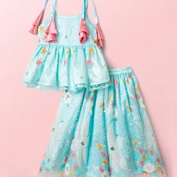 Saka Designs Satin Woven Sleeveless CholiLehenga Set with Flora Embroidery - Light Blue-picture-11